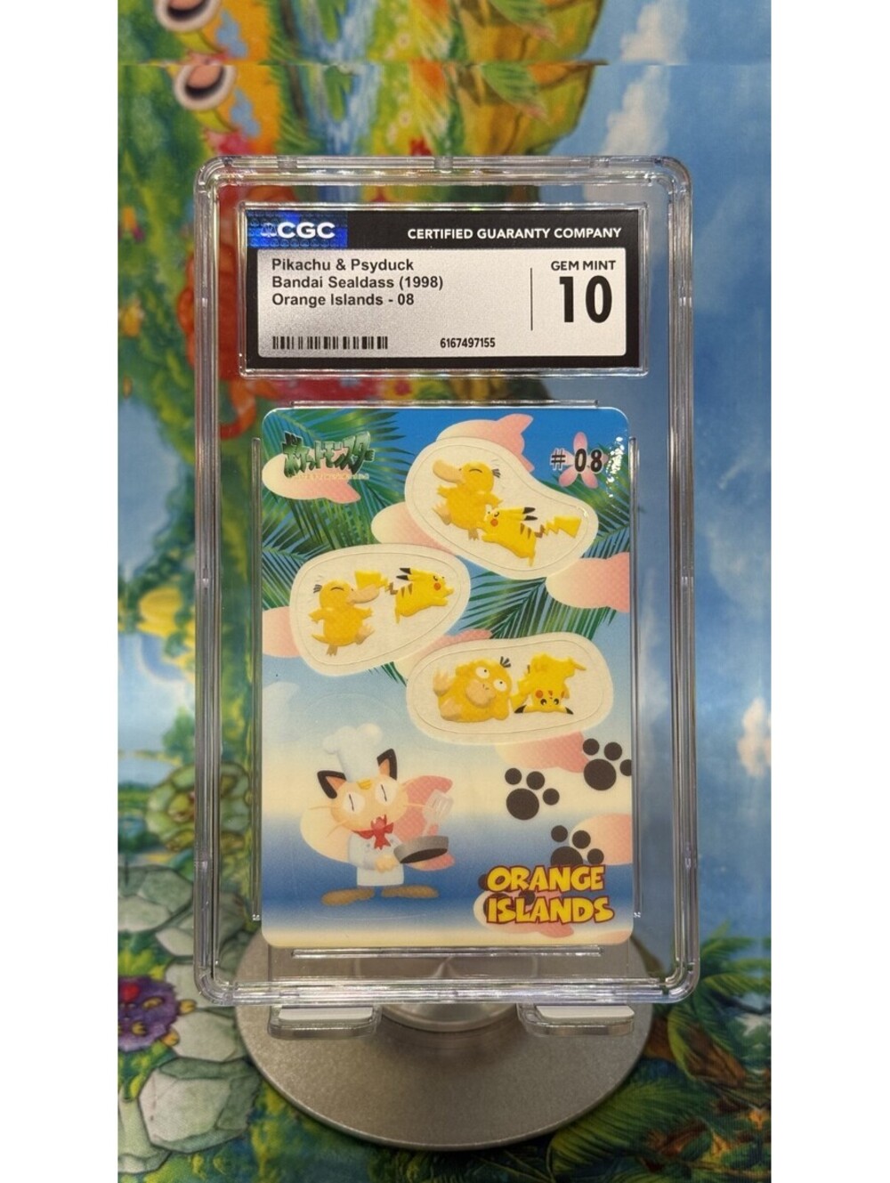 Pikachu & Psyduck Pokémon Bandai Sealdass Orange Islands No. 08 1998 JP CGC 10